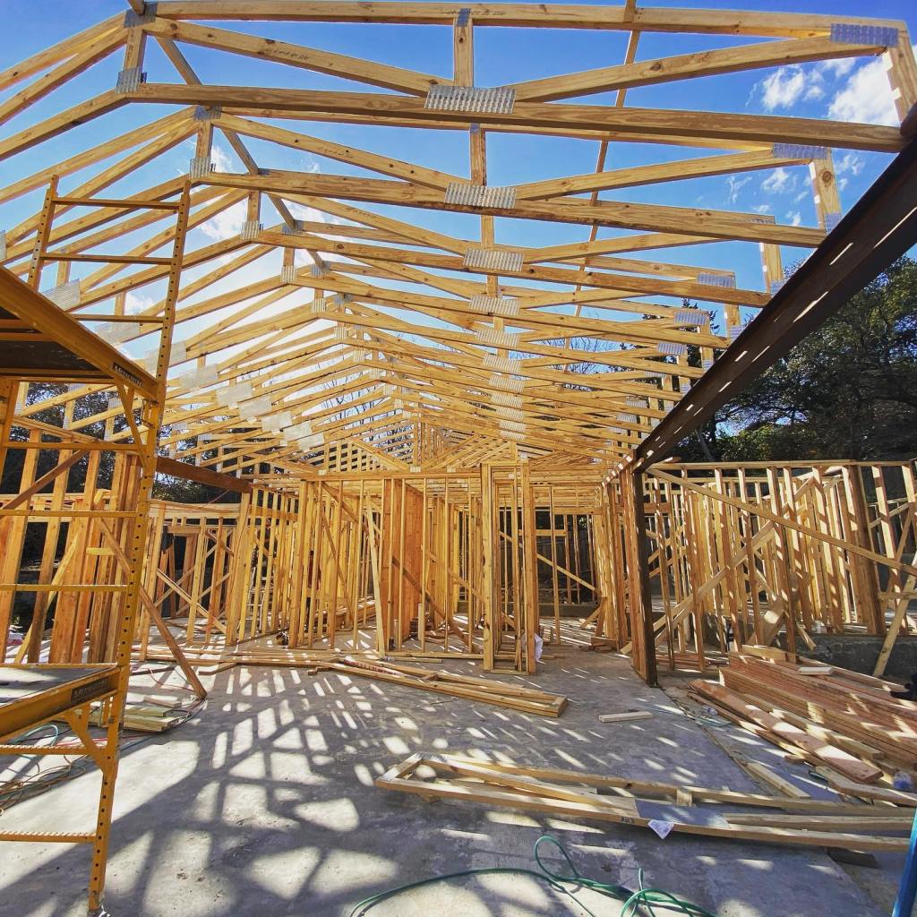 Framing stage of an Austin-area residential construction project
